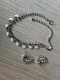 Vintage Art Deco Era Crystal / Rhinestone Earrings And Necklace Set In Silver Finish