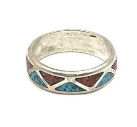 Vintage Sterling Silver Turquoise And Coral Color Inlay Ring, Size 13