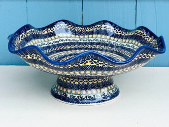 Handmade Polish Pottery Fluted Pedestal Bowl UNIKAT Signed