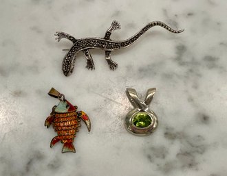 Sterling Lavaliere Pendant, Articulated Enamel Fish Pendant & Sterling Marcasite Gecko Brooch