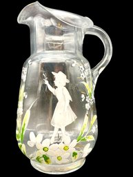 Antique Mary Gregory Clear Glass Water Pitcher With A Multi-color Girl Decoration. 9.5' Tall