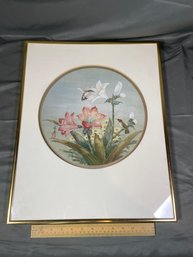 Asian Print Artwork Humming Birds And Lily Flowers 16x20 Matted Framed Glass