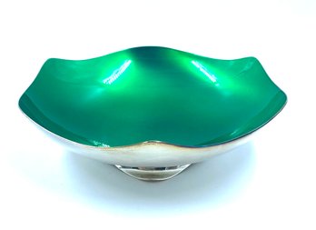 Vintage Danish Jewel Tone Green Enamelled Footed Silver Bowl