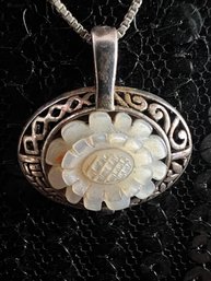 Stunning Vintage Sterling Pendant Necklace With Blooming Flower Inlay