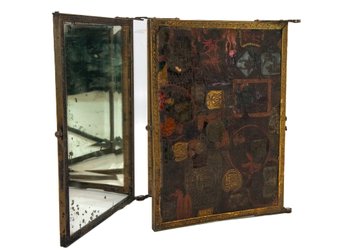 Antique Asian Folding Travel Mirror With Leather Design Calligraphy