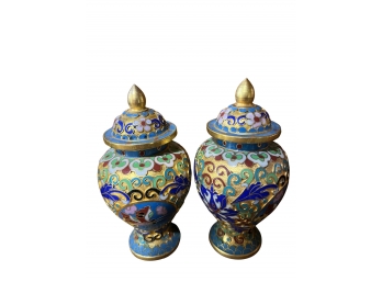 Pair Of Small Cloisonn Enamel Jars