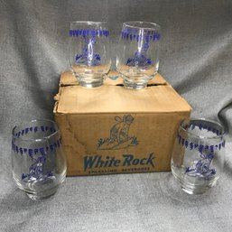 Four (4) Very Cool Vintage WHITE ROCK Beverages Advertising Glasses In Original Box - Made By Libbey Glass