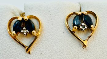 10K GOLD BLUE SAPPHIRE DIAMOND ACCENT HEART SHAPED EARRINGS