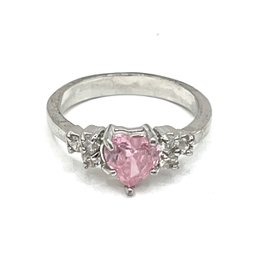 Beautiful Pink Heart Stone With Clear Stones Ring, Size 8