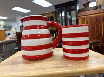 Two Piece Red And White Striped Pitcher And Utensil Holder