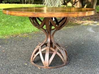 A Vintage Inlaid Oak And Cast Iron Pedestal Based Dining Table, C. 1970's