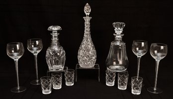 Set Of Crystal Decanters Including Vintage Baccarat Buckingham, Wine Glasses And Shot Glasses With Diamond Cut