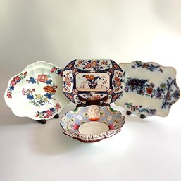 4 Antique Fine Porcelain Plates -including Imari And Flow Blue