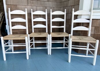 Four Antique White Painted Chairs With Rush Seats