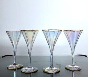 A Quartet Of Lobed Gold Trim Iridescent Toasting Apertif Stemware