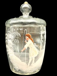 Victorian Mary Gregory Clear Glass Lidded Jar With A Fishing Girl Decoration. 7.5' Tall