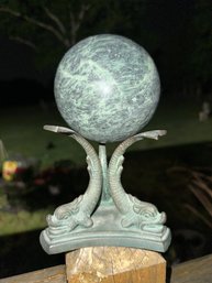 Beautiful Italian Large Heavy Marble Ball On A Pedestal Base Of Three Koi ~ Fathers Day ~
