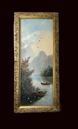 Turn Of The Century Asian Landscape Oil On Wrapped Canvas In Gold Gilt Carved Wood Frame