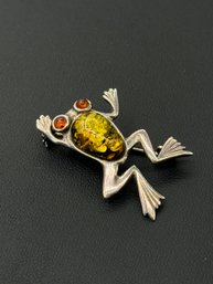 Amazing Multi Colored Amber Frog Brooch/ Pin In Sterling Silver