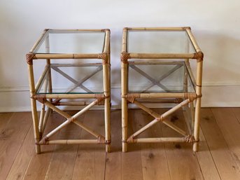 Pair Of Bamboo And Glass Side Tables