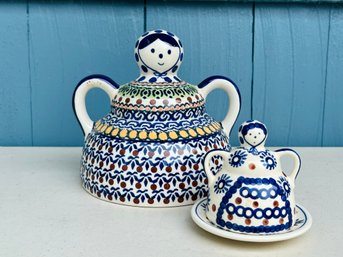 Handmade Polish Pottery Cheese Lady Top UNIKAT And Small Dish With Cover