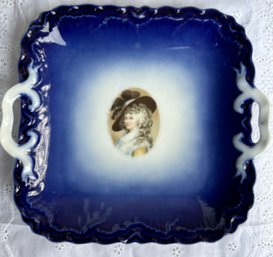 Antique Flow Blue Platter Medallion  Marie Antoinette Medalion Portrait Plate Unmarked Germany