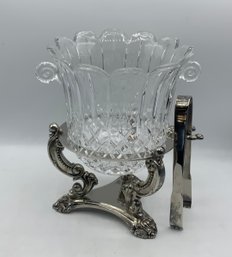 Beautiful Godinger Crystal Ice Bucket On Silver Base W/tongs (A)