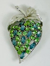 VINTAGE SIGNED CORO SILVER TONE GREEN AND BLUE RHINESTONE BROOCH