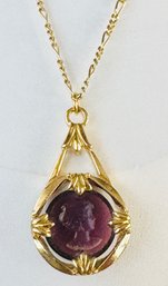 VINTAGE SIGNED AVON PURPLE GLASS INTAGLIO OF WOMAN GOLD TONE NECKLACE