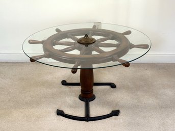 A Vintage Ship's Wheel Coffee Table With Glass Top & Anchor Base