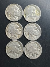 6 Buffalo Nickels 1920, 1925, 1927, 1928, 1928-S, 1936-D