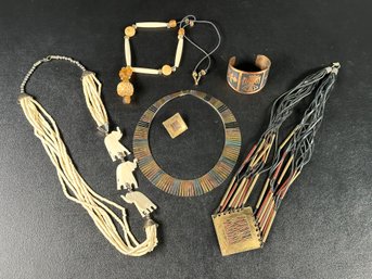 An Interesting Assortment Of Vintage Costume Jewelry With A Tribal Vibe