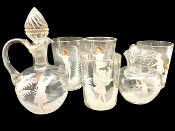 Antique Mary Gregory 6 Pieces Decorated Glassware Lot.