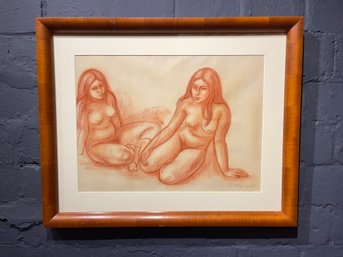 Large 1971 Mexican Artist Raul Anguiano Pencil Sketch Of Nude Women In Nice Teak Frame