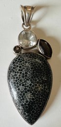 SIGNED STERLING SILVER BLACK STINGRAY CORAL TOPAZ PENDANT