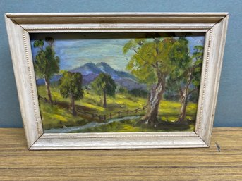 Vintage Signed Framed Oil On Board Landscape With Fence. Frame Measures 8 1/8' X 11 11/16'.