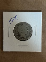 Beautiful 1907 Barber Quarter, Silver Coin