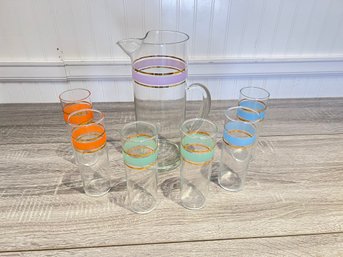 Set Of 6 Colorful Mid Century Glasses And Pitcher