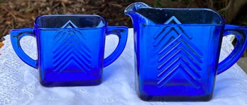 1930's Art Deco Hazel Atlas Cobalt Blue Creamer And Open Sugar Bowl 'Chevron' Pattern