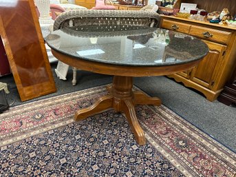 Beautiful Round Oak Pedestal Table With Dark Granite Top