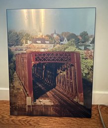 Beautiful Rail Road Bridge Art Print Houses, Fall Color Trees, On A Glossy Metal Plate In A Wooden Frame.