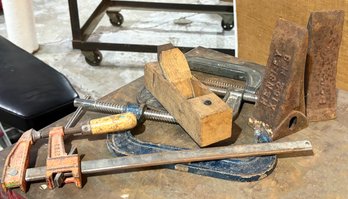 A Collection Of Vintage Tools - Antique Wood Plane, Clamps And Old Bucket Teeth