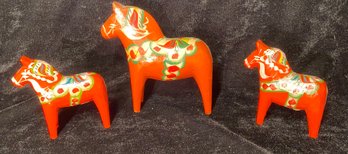 Three Hand Painted Carved Wooden Horses