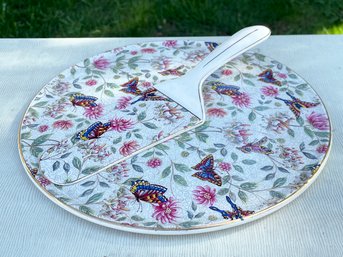 A VIntage Porcelain Cake Platter And Server With Butterfly Motif