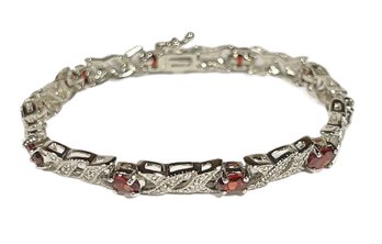 925 Sterling Silver Gemstone Garnet And White Stone Link Bracelet