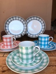 Vintage Embassy Fine China Gingham In Pink, Blue, Green & Gray - Set Of 13