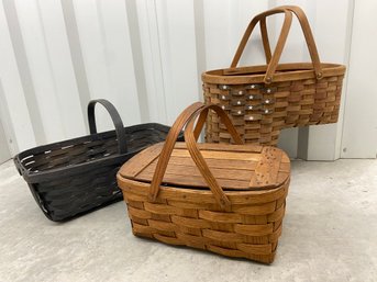 3 Large Handled Baskets: Stair Step W/stars, Picnic And Oak Handled Basket