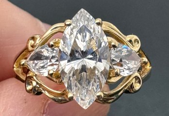 STUNNING 14K GOLD DQ CZ MARQUISE 3 STONE RING