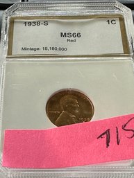 Lincoln Reverse Wheat  (1909-1958)  1938S  1C  MS 66 Red