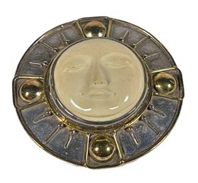 Sterling Silver Carved Bone Sun Face Brooch W Gold